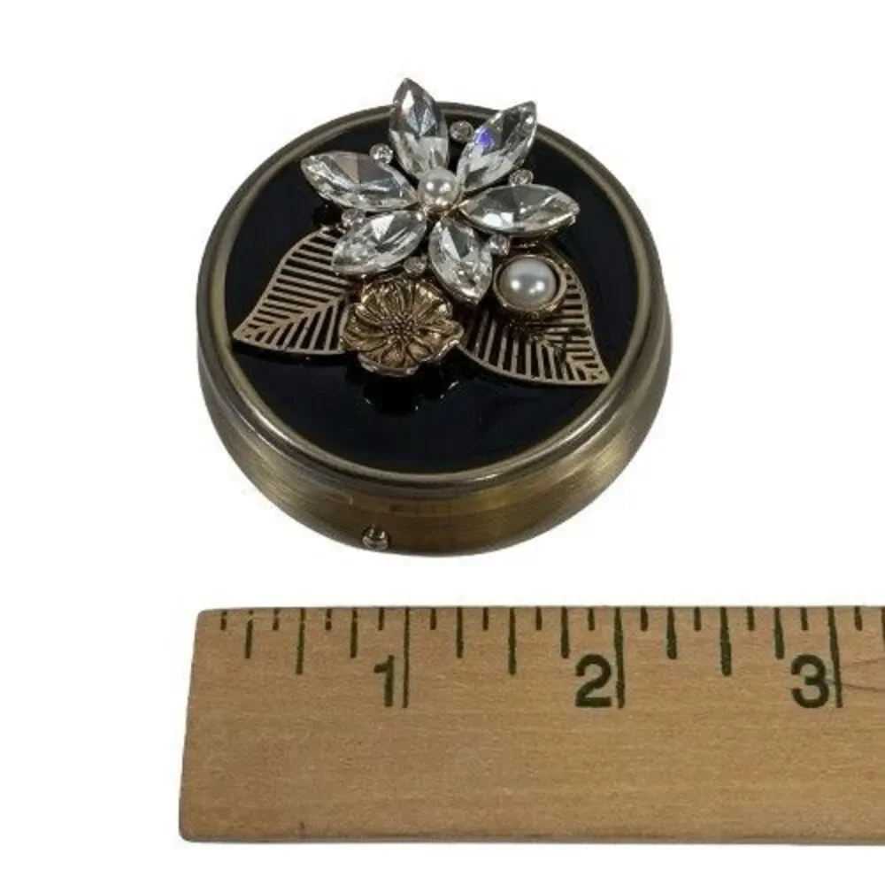 Pill Box Trinket Floral Design Blk Brass w/Crystal Embellishments 3 Compartments
